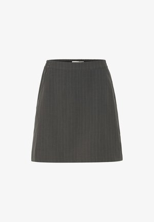 Gonna grigia a righe sottili con elastico in vita, forma dritta e superficie liscia. La gonna arriva sopra il ginocchio con dettagli di cucitura minimi.