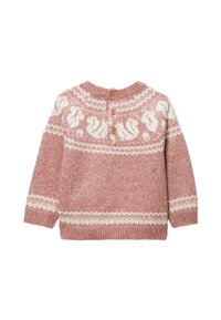 Pull en tricot rose clair avec des accents en blanc. Il possède un col rond, des manches longues et des boutons en bois au dos.