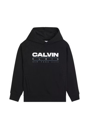 Felpa nera con cappuccio, tasche frontali e testo bianco "CALVIN KLEIN NEW YORK CITY" sul petto.