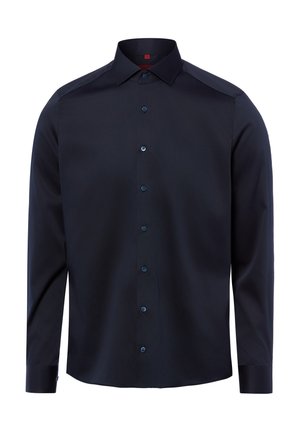 Ciemnogranatowa, długorękawowa koszula na guziki z klasycznym kołnierzykiem i mankietami, wyświetlona z przodu na białym tle.