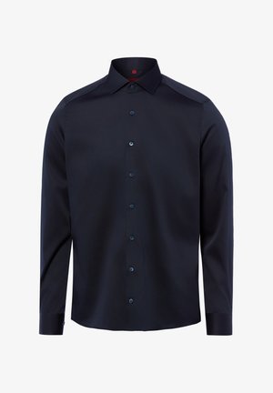 Donkerblauw marineblauw overhemd met lange mouwen, knoopsluiting, klassieke kraag en manchetten, frontaal weergegeven tegen een witte achtergrond.