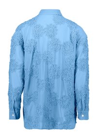 Light blue long-sleeve shirt featuring textured floral patterns throughout. Designed with a standard collar and button cuffs.