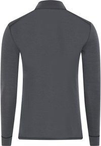 Langærmet polo-shirt i mørkegrå stof, med en struktureret overflade, en klassisk krave og subtile accenter langs sømmene.