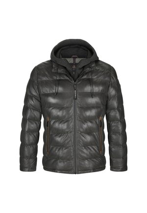 Schwarze gesteppte Jacke mit Frontreißverschluss, zwei seitlichen Reißverschlusstaschen und angenähter Kapuze mit verstellbaren Kordeln.