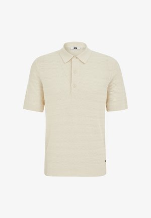 Cremefarbener Kurzarm-Strick-Poloshirt mit strukturiertem Zickzackmuster, Drei-Knopf-Leiste sowie Rippstrickkragen und -ärmeln.