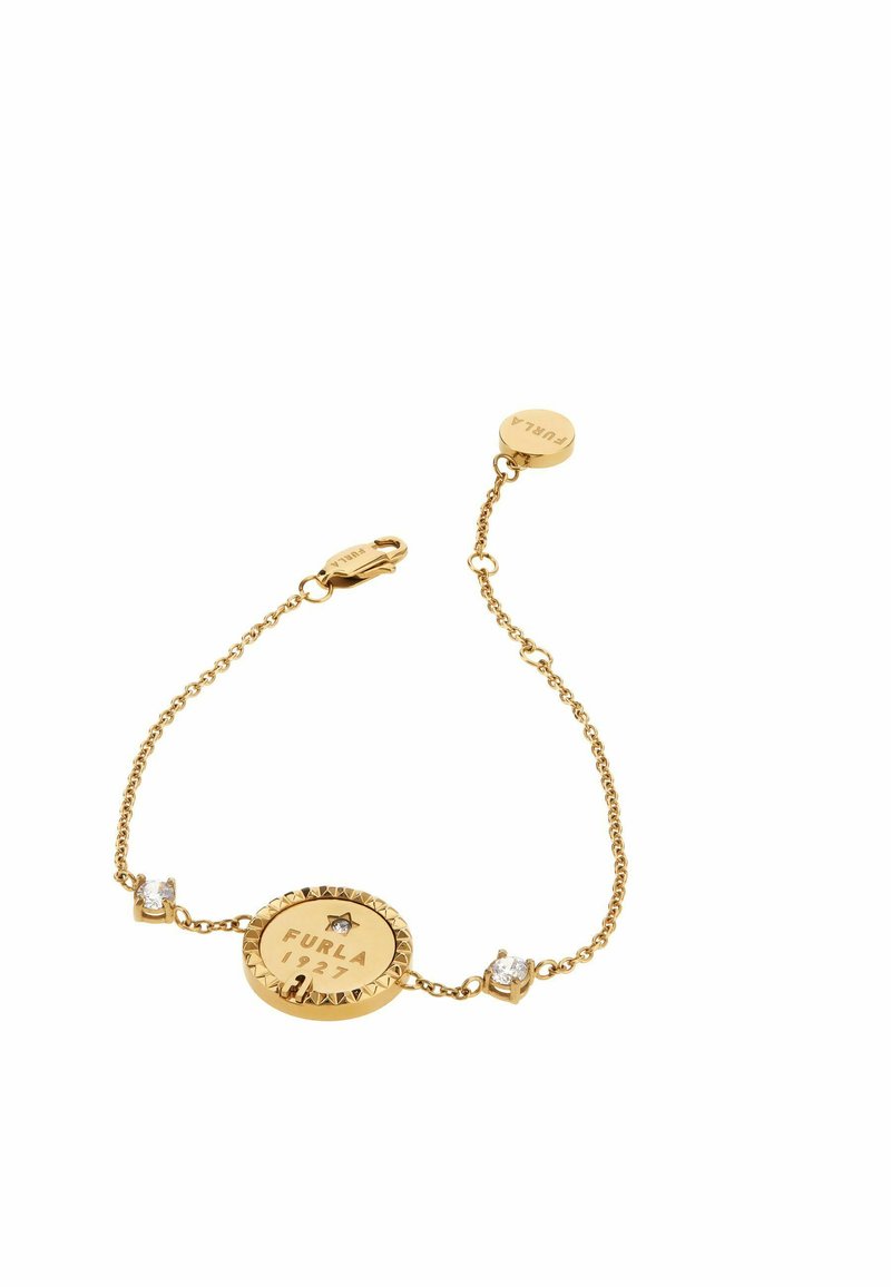 Pulsera de cadena de oro con un colgante redondo grabado con "Furla 1927", flanqueado por dos pequeñas piedras preciosas transparentes. Cierre ajustable.