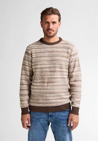 Braun gestreifter Pullover aus strukturiertem Stoff mit rundem Ausschnitt und gerippten Bündchen sowie Saum, kombiniert mit blauen Jeans.