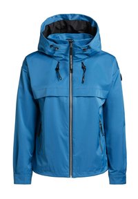 Blue waterproof jacket featuring a high collar, adjustable hood, front zip, and two zippered side pockets. Smooth, textured fabric.