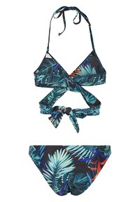 Bikini szett trópusi levélmintával, zöld és kék árnyalatokban, háromszög alakú topsal és állítható kötelekkel.