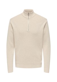 Light beige pullover sweatshirt with a high collar and a short zipper. Features long sleeves and a textured knit fabric.