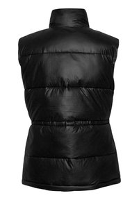 Gilet noir matelassé, design sans manches, col montant, texture matelassée, finition brillante, taille élastique, sans quincaillerie ni accents visibles.