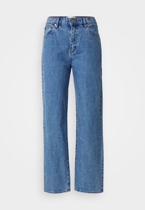 Light blue straight-leg jeans made from denim, featuring a high waist, five-pocket design, and contrast stitching. Clean hem finish.