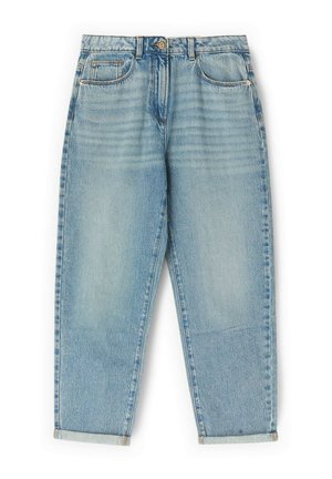 Pantalones vaqueros azul claro de talle alto con detalles descoloridos, cinco bolsillos, cierre de botones y puños doblados.