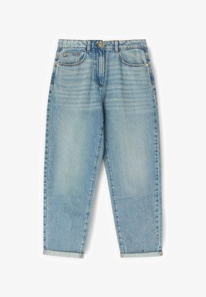 Světle modré džíny s vysokým pasem, vybledlé detaily, pět kapes, zapínání na knoflíky a ohrnuté lemy.