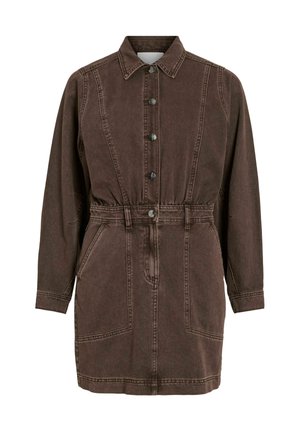 Pruun denimpikk kleit, millel on kaelustega kaelus, n�ööpide kinnihoidmine, pikad varrukad, tõmmatud vöökoht ja kaks eesmist taskut; omaduseks on õmbluste detailid üle kogu kleidi.