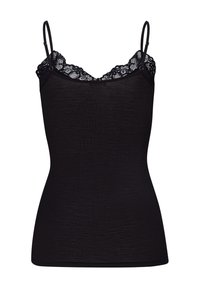 Black camisole with lace trim, fitted ribbed texture, adjustable spaghetti straps, and a rounded neckline.