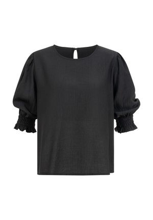 Blusa negra con tela texturizada, mangas cortas abullonadas y puños con volantitos fruncidos, con escote redondo y cierre de botones en la espalda.