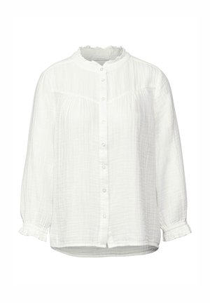 Weiße Bluse mit langen Ärmeln aus strukturiertem Stoff, mit gerafftem Halsausschnitt, Knopfverschluss vorne und elastischen Bündchen.