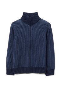 Marinefarbener Reißverschluss-Pullover mit vertikal gerippter Struktur, hohem Kragen und einfarbigen Bündchen. Hergestellt aus weichem Strickstoff.