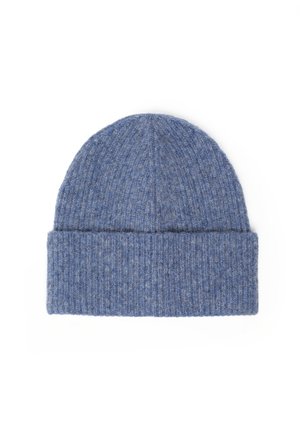 Bonnet en laine tricotée bleu avec un revers plié, présenté à plat sur un fond blanc.