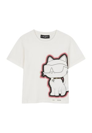 T-shirt blanc à manches courtes avec un motif de chat cartoon portant des lunettes de soleil, bordé de noir et de rose, et une finition en couleur dorée au niveau du col.