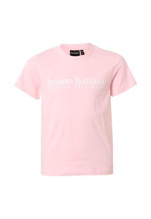 Lyserød t-shirt med korte ærmer og hvid tekst "bruno banani NOT FOR EVERYBODY" trykt tværs over brystet.