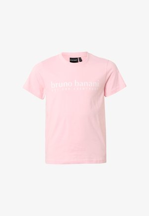 Jasnoróżowa koszulka z krótkim rękawem z nadrukiem białego napisu "bruno banani NOT FOR EVERYBODY" na piersi.