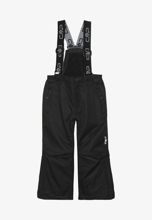 Black waterproof ski pants with adjustable suspenders, two side pockets, and logo accents. Features a loose fit for comfort and mobility.