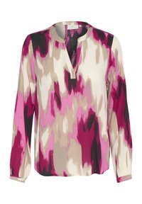 Chemisier à manches longues multicolore avec un décolleté en V, mélangeant des nuances de rose, beige et noir dans un motif abstrait. Texture de tissu lisse.