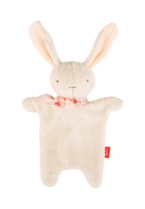 Pupo da mano morbido color crema a forma di coniglio con orecchie lunghe e sciarpa rosa floreale al collo su sfondo bianco.