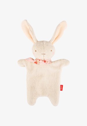 Marionnette à main lapin couleur crème douce avec de longues oreilles et un foulard floral rose autour du cou sur fond blanc.