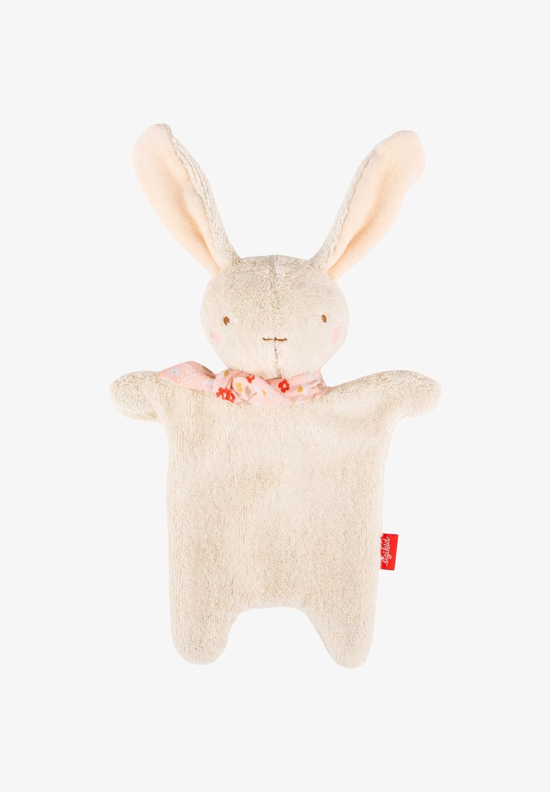 Marionnette à main lapin couleur crème douce avec de longues oreilles et un foulard floral rose autour du cou sur fond blanc.