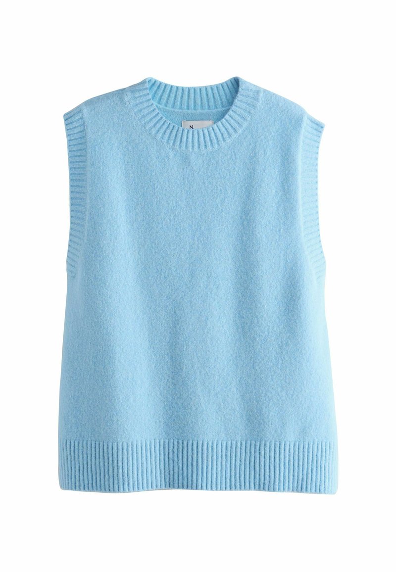 Maglione senza maniche di un blu chiaro, realizzato in un morbido tessuto texturizzato. Presenta un colletto e un orlo a coste, con una vestibilità rilassata.