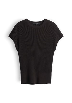 Haut noir en maille côtelée à manches courtes avec col rond et ourlet ajusté, présenté à plat sur fond blanc.