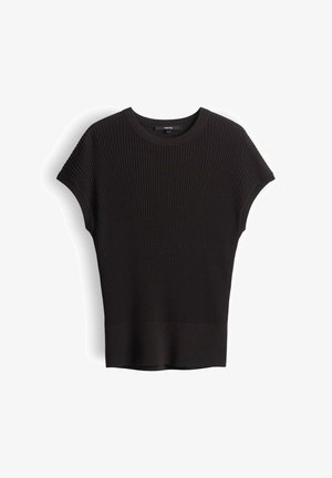 Haut noir en maille côtelée à manches courtes avec col rond et ourlet ajusté, présenté à plat sur fond blanc.