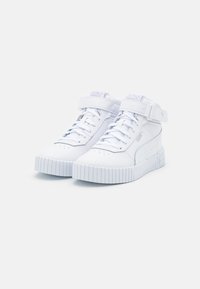 White high-top sneakers with a smooth leather exterior, padded collar, lace and Velcro strap closure, and textured rubber sole.