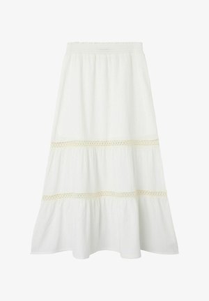 Valkoinen kerroksellinen hame, joka on valmistettu kevyestä kankaasta. Sisältää elastisen vyötärön ja koristeellisen pitsireunuksen kerrosten välissä.