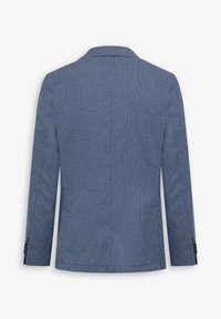 Blå struktureret blazer med et tekstureret houndstooth-mønster, enkelt sprød i ryggen og knapdetaljer på ærmerne.