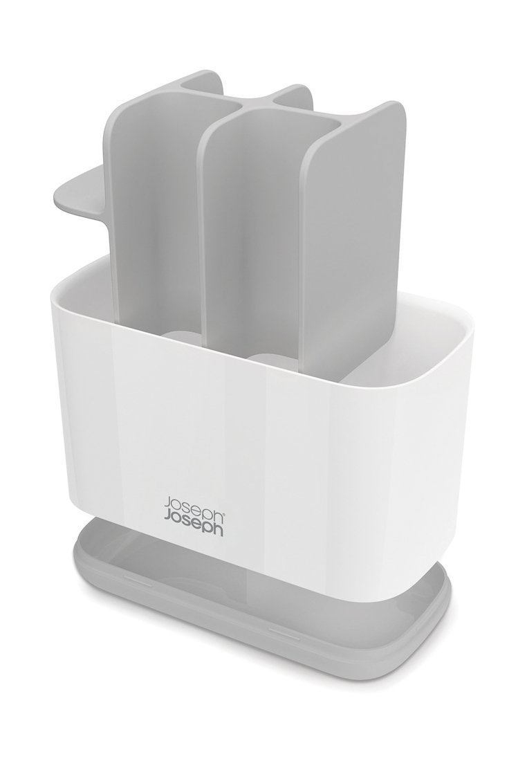 Witte plastic organizer met drie grijze compartimenten, gladde textuur, rechthoekige vorm en een ondiepe basis voor stabiliteit.