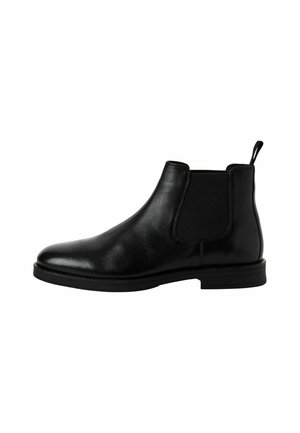 Bota Chelsea de cuero negro con paneles laterales elásticos, punta redonda y una lengüeta. Suela de goma plana para tracción. Textura suave.