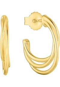 Pendientes de aro de oro con un diseño en espiral retorcido. Acabado de metal suave y brillante con un cierre trasero seguro. Ligeros y flexibles.