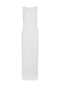 White sleeveless dress with a straight silhouette, featuring a textured wavy pattern throughout. Floor-length with a rounded neckline.