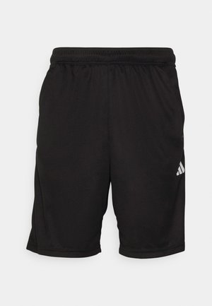 Sorte atletiske shorts lavet af syntetisk materiale. Har en elastisk talje, sidelommer og et hvidt Adidas-logo i nederste højre hjørne.