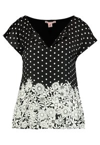 Černý top s bílými puntíky a květinovým vzorem na spodním lemu. Má výstřih do V a krátké rukávy. Hladká textilie.