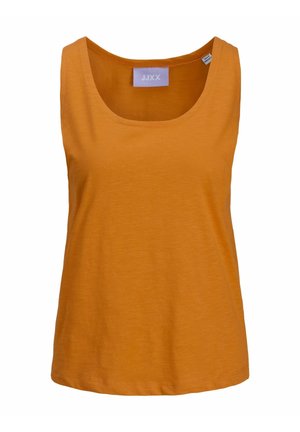 Camiseta sin mangas naranja con escote redondeado, hecha de tejido suave. Presenta un dobladillo recto y una etiqueta en el escote interior.