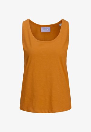 Camiseta sin mangas naranja con escote redondeado, hecha de tejido suave. Presenta un dobladillo recto y una etiqueta en el escote interior.