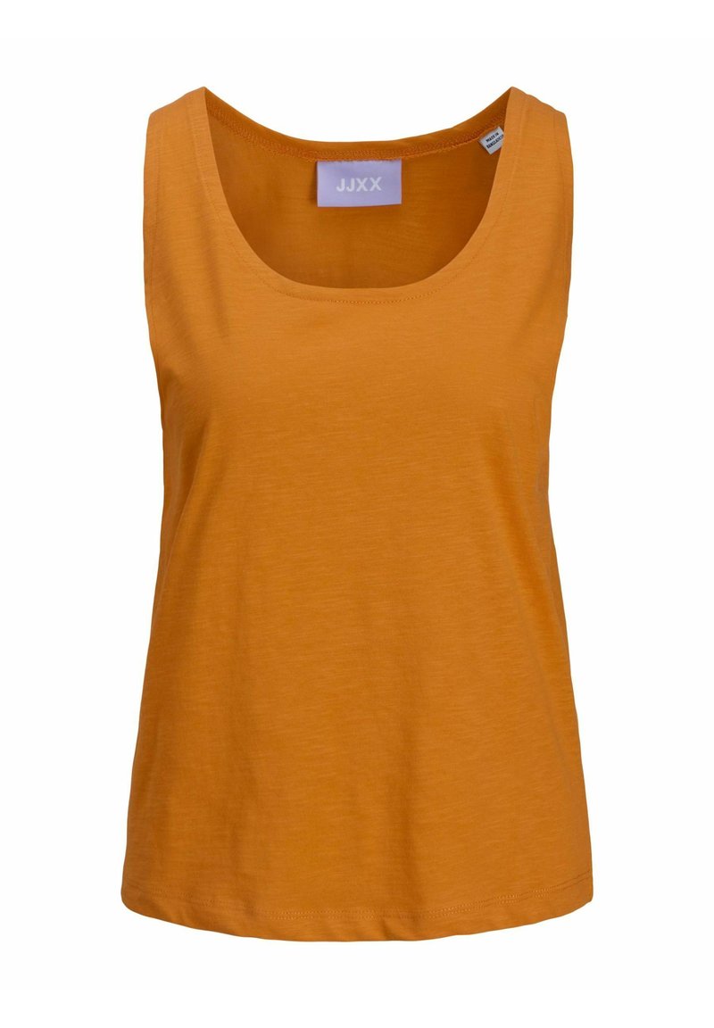Camiseta sin mangas naranja con escote redondeado, hecha de tejido suave. Presenta un dobladillo recto y una etiqueta en el escote interior.