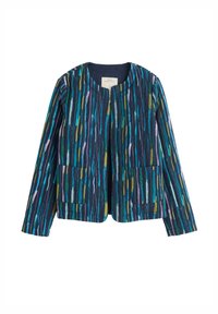 Marynarka w niebieskim kolorze z wzorem, z pionowymi paskami w odcieniach turkusu, zieleni i purpury. Posiada okrągły dekolt oraz dwie przednie kieszenie. Lekki materiał.