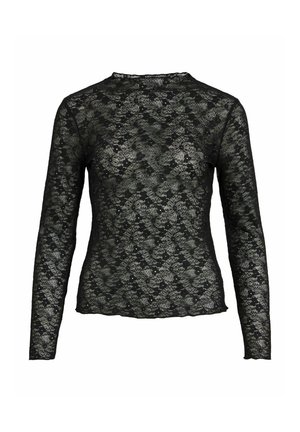 Zwarte kanten top met lange mouwen, voorzien van ingewikkelde bloemmotieven en een ronde halslijn. Gemaakt van delicaat, semi-transparant stof met een gestructureerde afwerking.