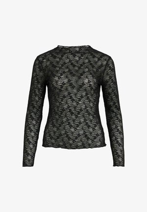 Zwarte kanten top met lange mouwen, voorzien van ingewikkelde bloemmotieven en een ronde halslijn. Gemaakt van delicaat, semi-transparant stof met een gestructureerde afwerking.